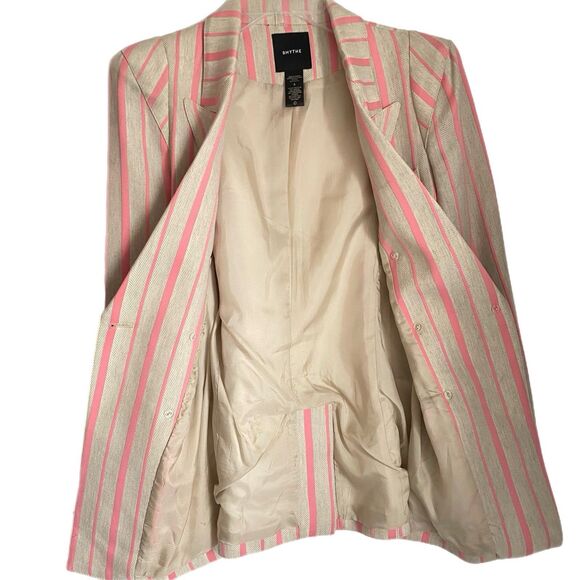 Smythe Linen Blend Blazer Sz 8 Striped Pink Double Breasted Gold Button Dressy - Picture 3 of 12